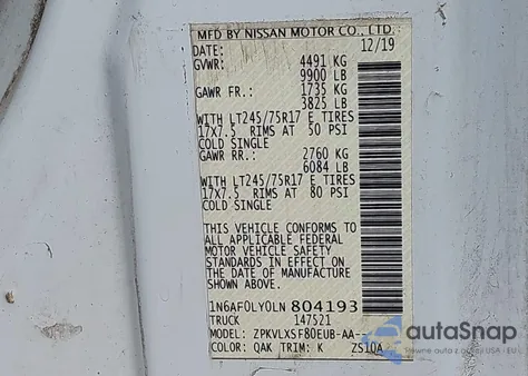 2020 Nissan Nv Cargo Nv3500 Hd Sv High Roof V8 z USA, uszkodzony, nr VIN 1N6AF0LY0LN804193